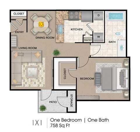 One Bedroom, One Bath Floor Plan